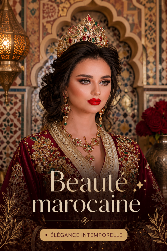 Femme se préparant avec des produits de beauté marocaine.