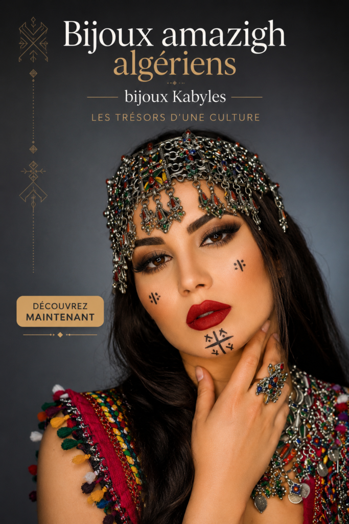 Des bijoux amazighs étincelants exposés sur un fond traditionnel.