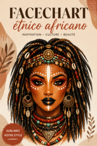Un face chart inspiré de motifs ethniques africains avec des couleurs vives et des motifs traditionnels.