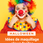 Un modèle portant un maquillage de clown coloré pour Halloween, illustrant la créativité du style.