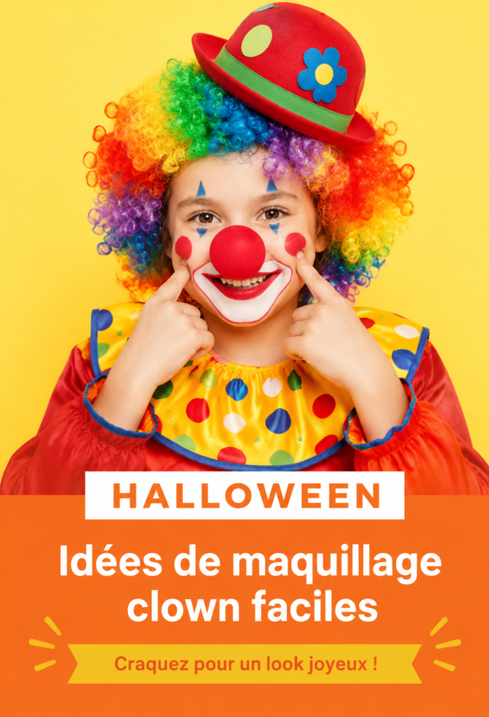 Un modèle portant un maquillage de clown coloré pour Halloween, illustrant la créativité du style.