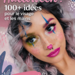 Maquillage Halloween spectaculaire sur un visage avec détails colorés et effrayants