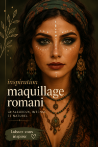Maquillage inspiré du style Romani, mettant en valeur des couleurs vives et des techniques artistiques.
