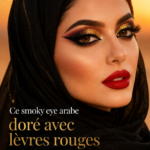 Un maquillage arabe luxe avec un smokey eye doré et des lèvres rouges