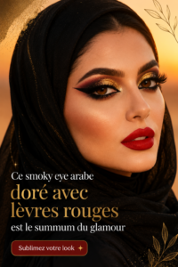 Un maquillage arabe luxe avec un smokey eye doré et des lèvres rouges