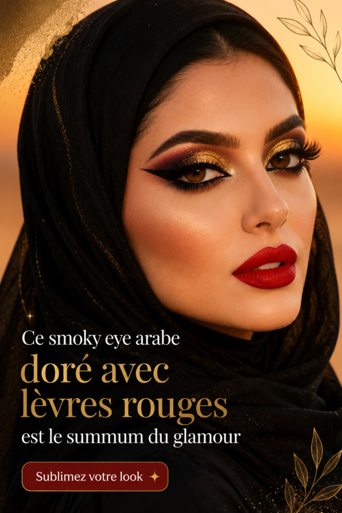 Un maquillage arabe luxe avec un smokey eye doré et des lèvres rouges