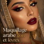 Maquillage arabe mettant en avant des lèvres rouges profondes et des accents dorés.