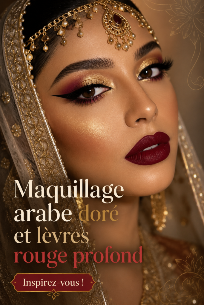 Maquillage arabe mettant en avant des lèvres rouges profondes et des accents dorés.