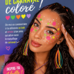 Un maquillage de carnaval coloré avec des motifs vibrants et des couleurs éclatantes.