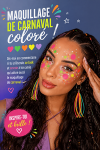 Un maquillage de carnaval coloré avec des motifs vibrants et des couleurs éclatantes.