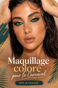 Un visage maquillé de façon colorée pour le Carnaval avec des motifs éclatants et des paillettes.
