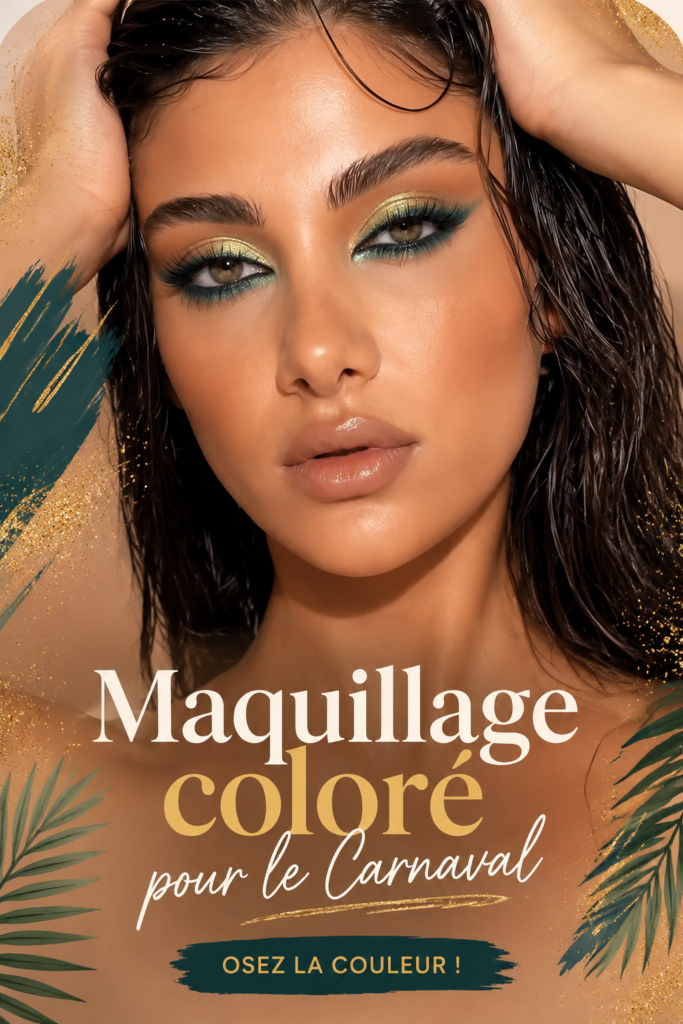 Un visage maquillé de façon colorée pour le Carnaval avec des motifs éclatants et des paillettes.