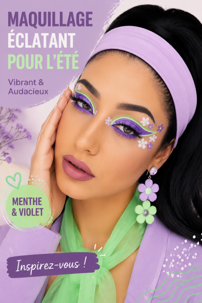 Un maquillage estival vibrant en menthe et violet sur un modèle souriant.