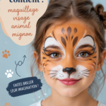 Portrait d'enfant avec un visage peint en tigre, créant un look adorable et artistique