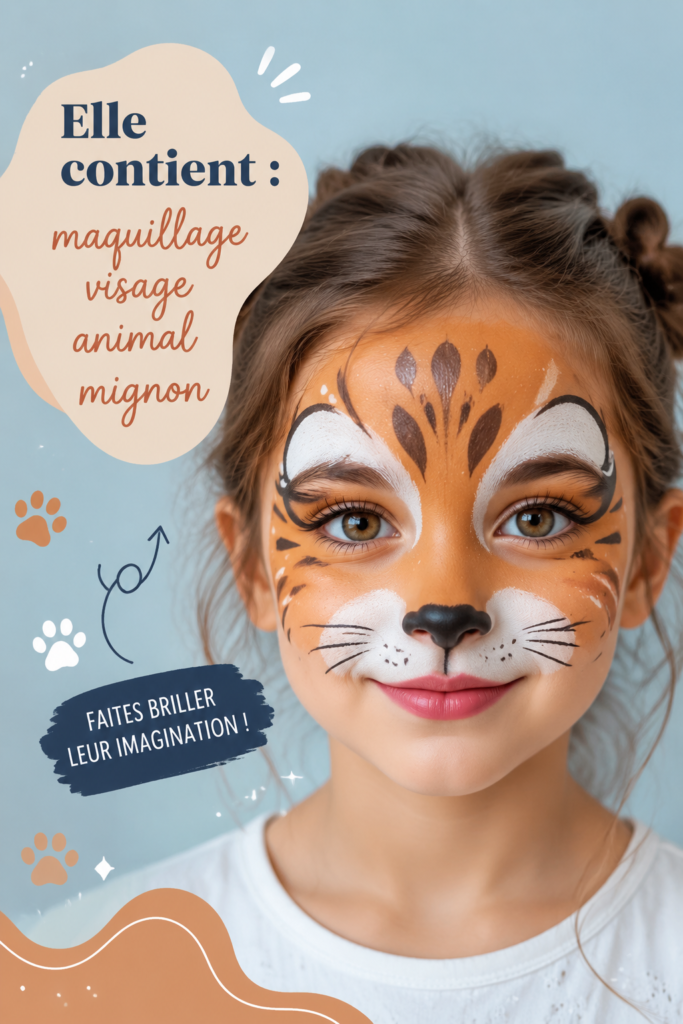 Portrait d'enfant avec un visage peint en tigre, créant un look adorable et artistique