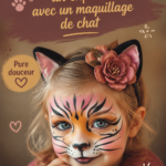 Enfant avec un maquillage de chat coloré, sourire aux lèvres.