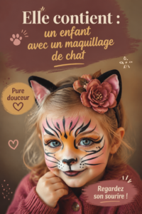 Enfant avec un maquillage de chat coloré, sourire aux lèvres.
