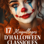 Un collage de maquillages d'Halloween classiques, incluant clown et vampire.