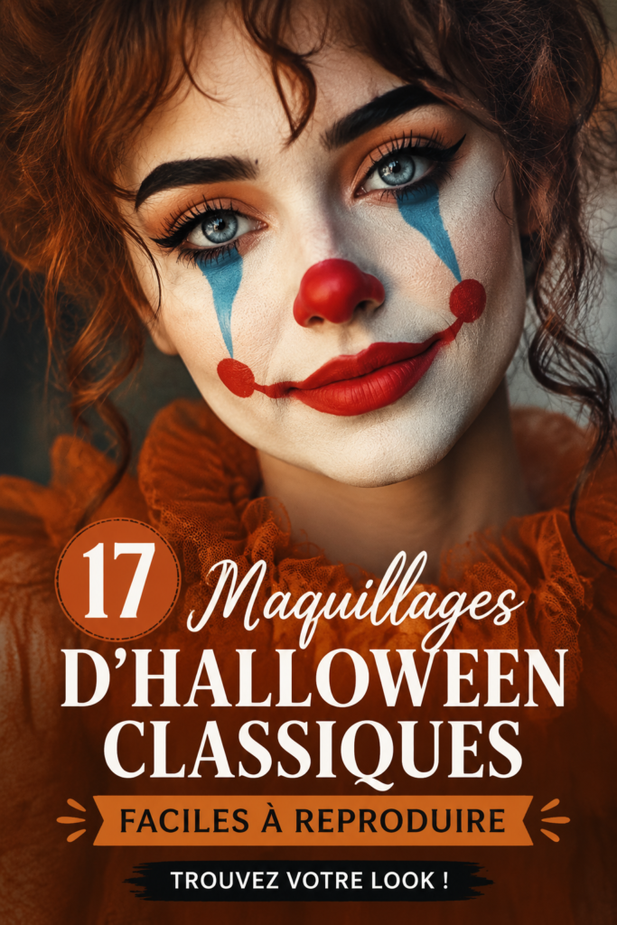 Un collage de maquillages d'Halloween classiques, incluant clown et vampire.