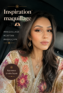 Un maquillage inspiré du Maroc, mettant en valeur des teintes vibrantes et sophistiquées avec un kaftan.