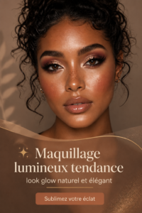 Maquillage lumineux avec un glow naturel sur un visage féminin, mettant en valeur les traits.