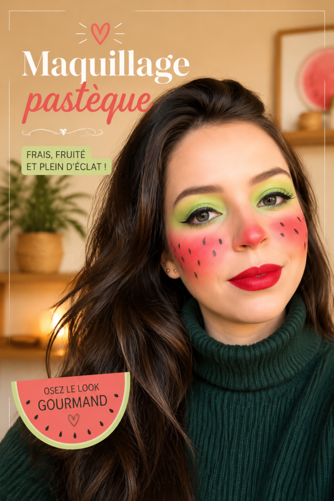 Maquillage inspiré par la pastèque avec des teintes vives et fruitées.