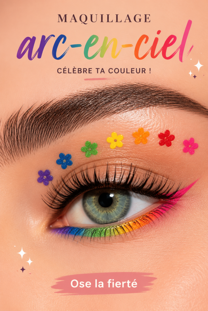 Maquillage arc-en-ciel vibrant pour célébrer la Pride.