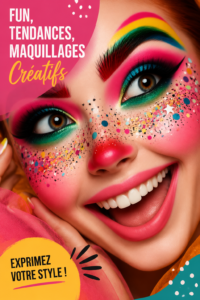 Un collage de looks de maquillage créatifs et tendance montrant des styles variés.