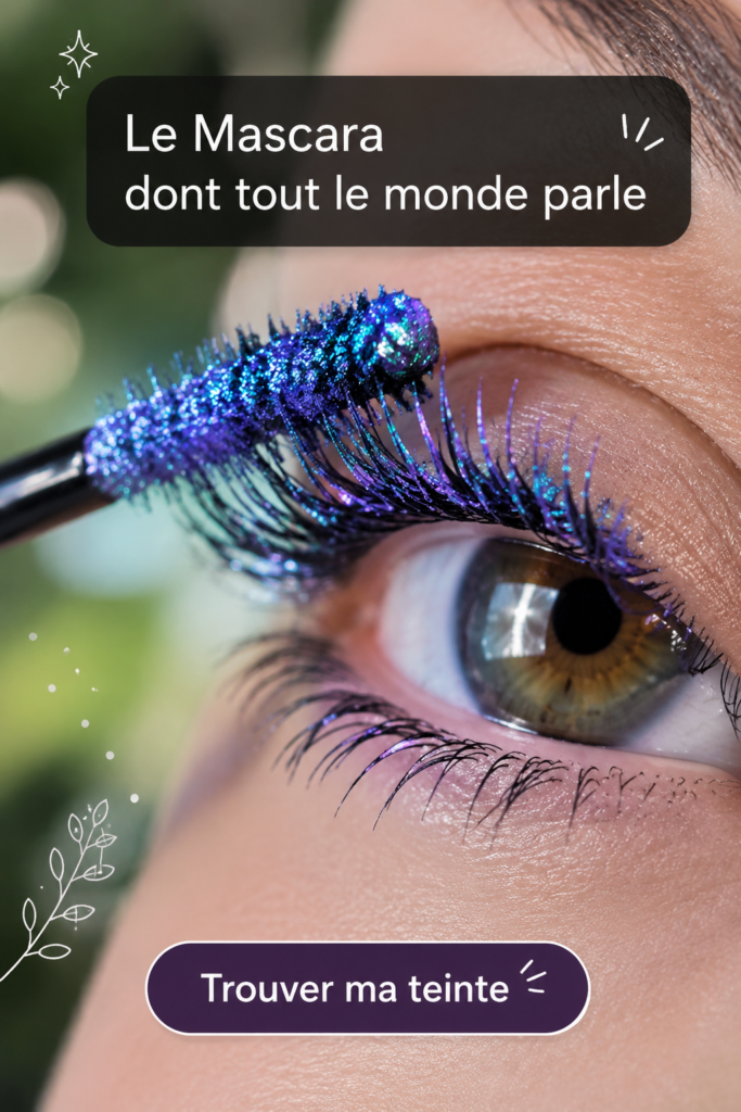 Gros plan sur un œil féminin, maquillé avec du mascara scintillant bleu et violet.