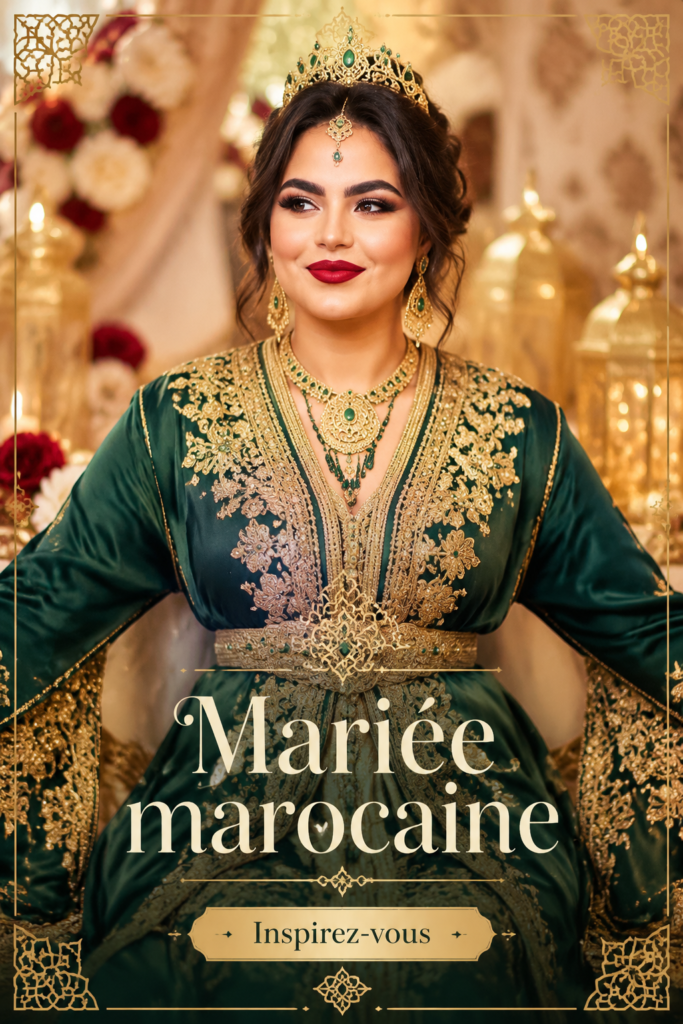 Une mariée en robe traditionnelle marocaine dans un cadre festif.