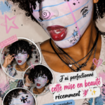 Maquillage créatif avec des couleurs vives et des motifs artistiques sur le visage