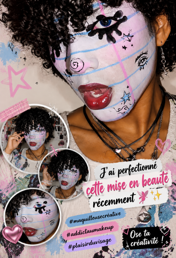 Maquillage créatif avec des couleurs vives et des motifs artistiques sur le visage