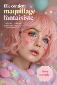 Un look de maquillage whimsical coloré et créatif, avec des motifs fantaisistes et des couleurs vives.