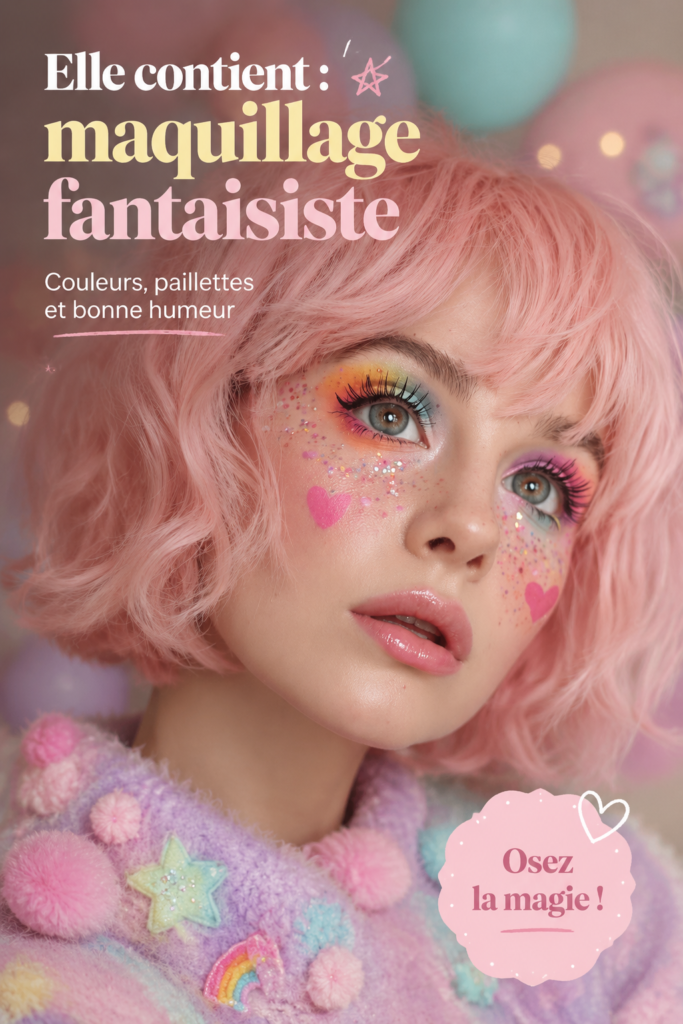 Un look de maquillage whimsical coloré et créatif, avec des motifs fantaisistes et des couleurs vives.