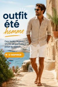 Homme portant une tenue d'été décontractée avec chemise légère et short.