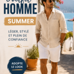 Homme portant une tenue d'été décontractée sur une plage.